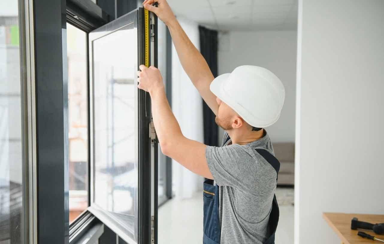 Técnico midiendo el marco de una ventana durante una revisión.