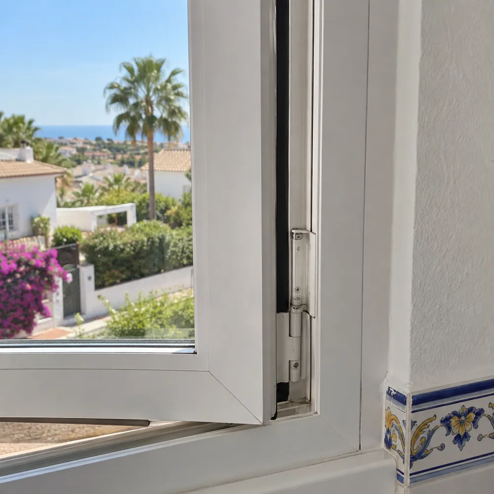 Detalle de una bisagra y el marco de una ventana de PVC para ajustar una hoja descolgada.